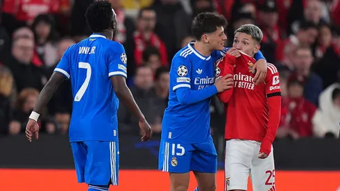 Prestianni e Vini Jr. discutem em jogo do Real Madrid. Angel Martinez/Getty Images