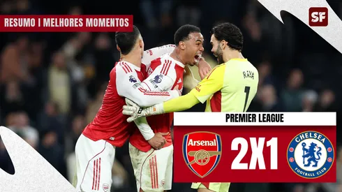 William Saliba, Gabriel e David Raya após Arsenal 2 x 1 Chelsea. (Foto: Justin Setterfield/Getty Images)