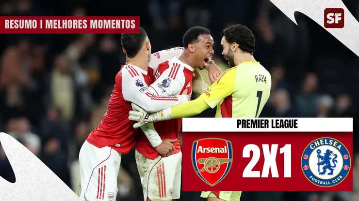 William Saliba, Gabriel e David Raya após Arsenal 2 x 1 Chelsea. (Foto: Justin Setterfield/Getty Images)