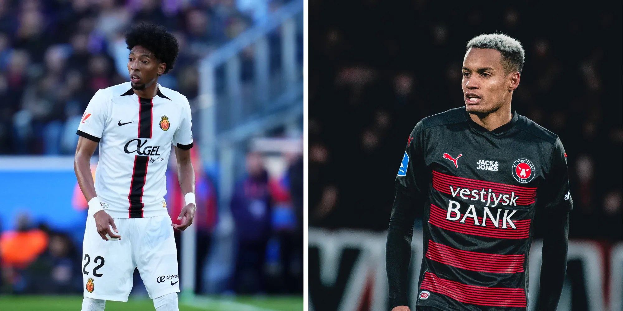 Botafogo recebe negativa do Mallorca por Johan Mojica (à esquerda, de camisa branca – Foto: IMAGO /&nbsp;Pressinphoto) e tem Paulinho, do Midtjylland, na mira (Foto: IMAGO /&nbsp;FC Midtjylland).
