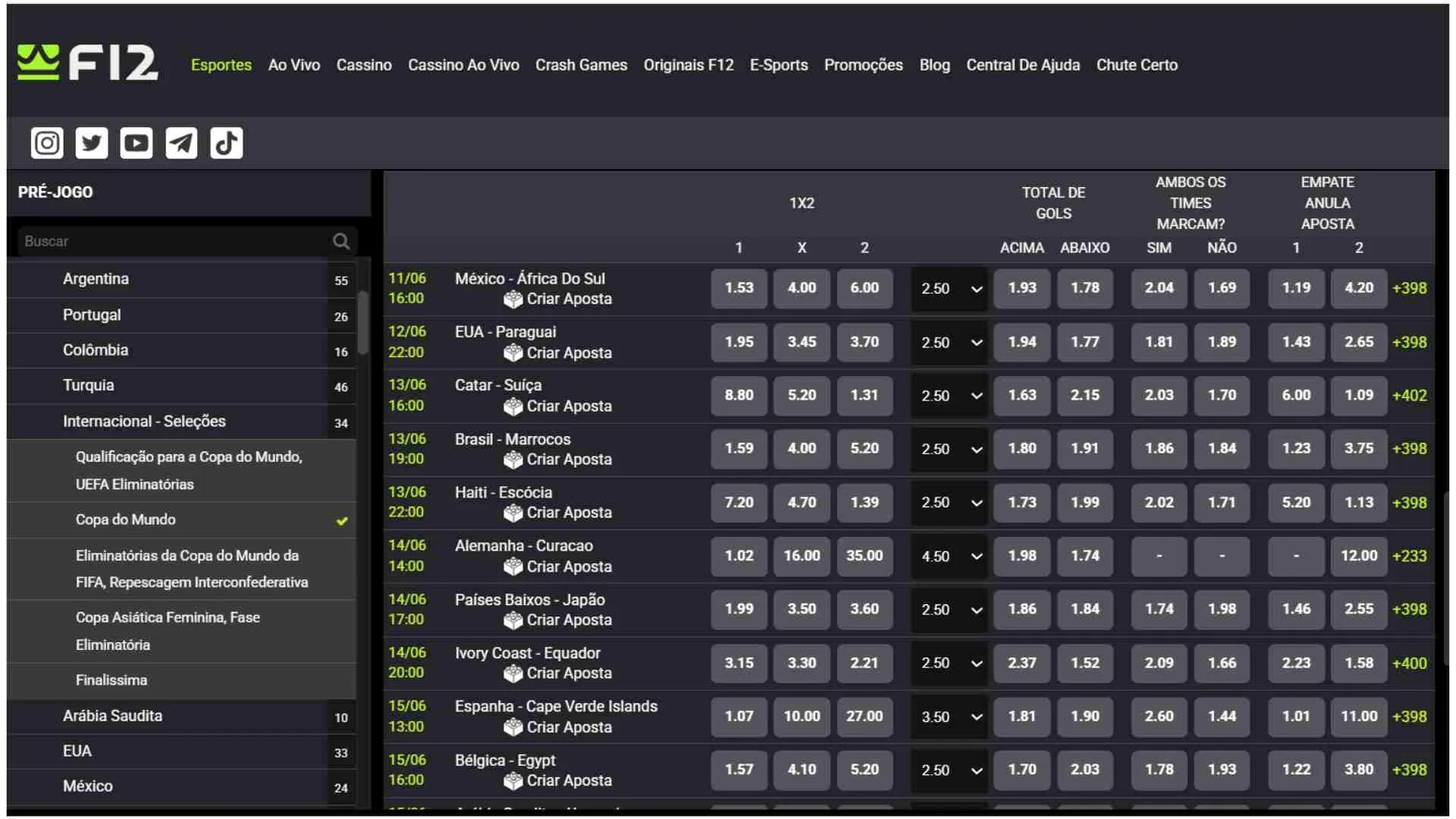Já é possível apostar nos jogos da Copa na F12.bet (Reprodução)