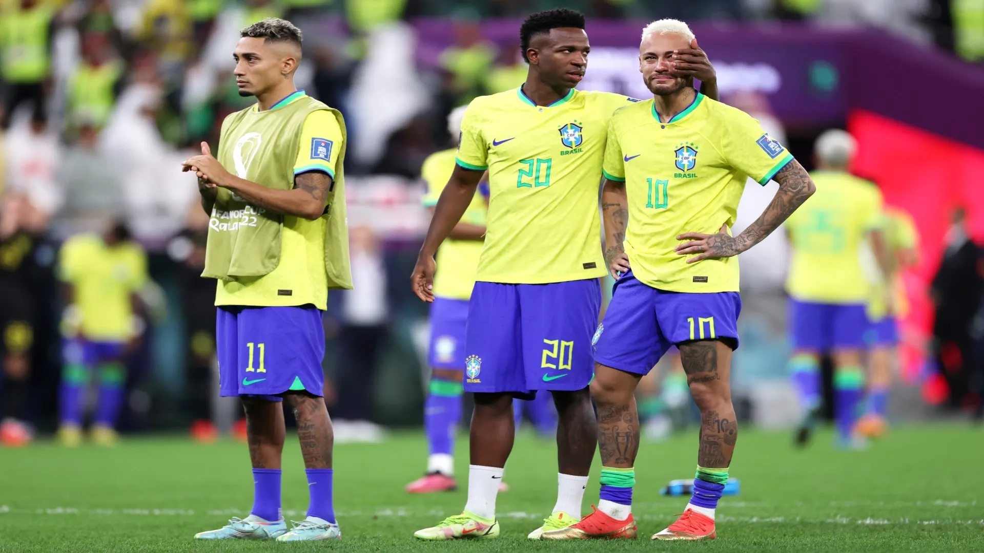 Raphinha, Vini e Neymar na eliminação do Brasil para a Croácia na Copa de 2022 – Michael Steele/Getty Images