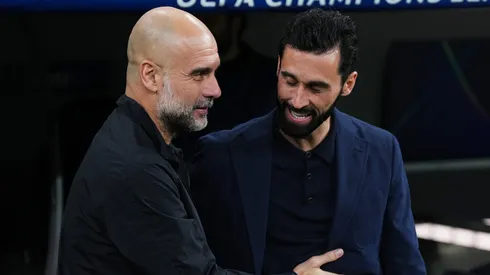 Pep Guardiola e Arbeloa antes de Real Madrid x Manchester City. (Foto: Angel Martinez/Getty Images)
