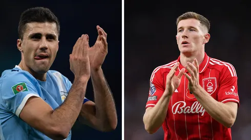 Ex-jogador do Manchester City prefere que o clube fique com Rodri do que investir em Elliot Anderson, do Nottingham Forest. (Fotos: IMAGO / Visionhaus e Molly Darlington/Getty Images).