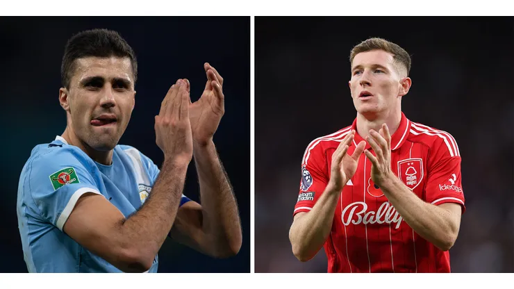 Ex-jogador do Manchester City prefere que o clube fique com Rodri do que investir em Elliot Anderson, do Nottingham Forest. (Fotos: IMAGO / Visionhaus e Molly Darlington/Getty Images).