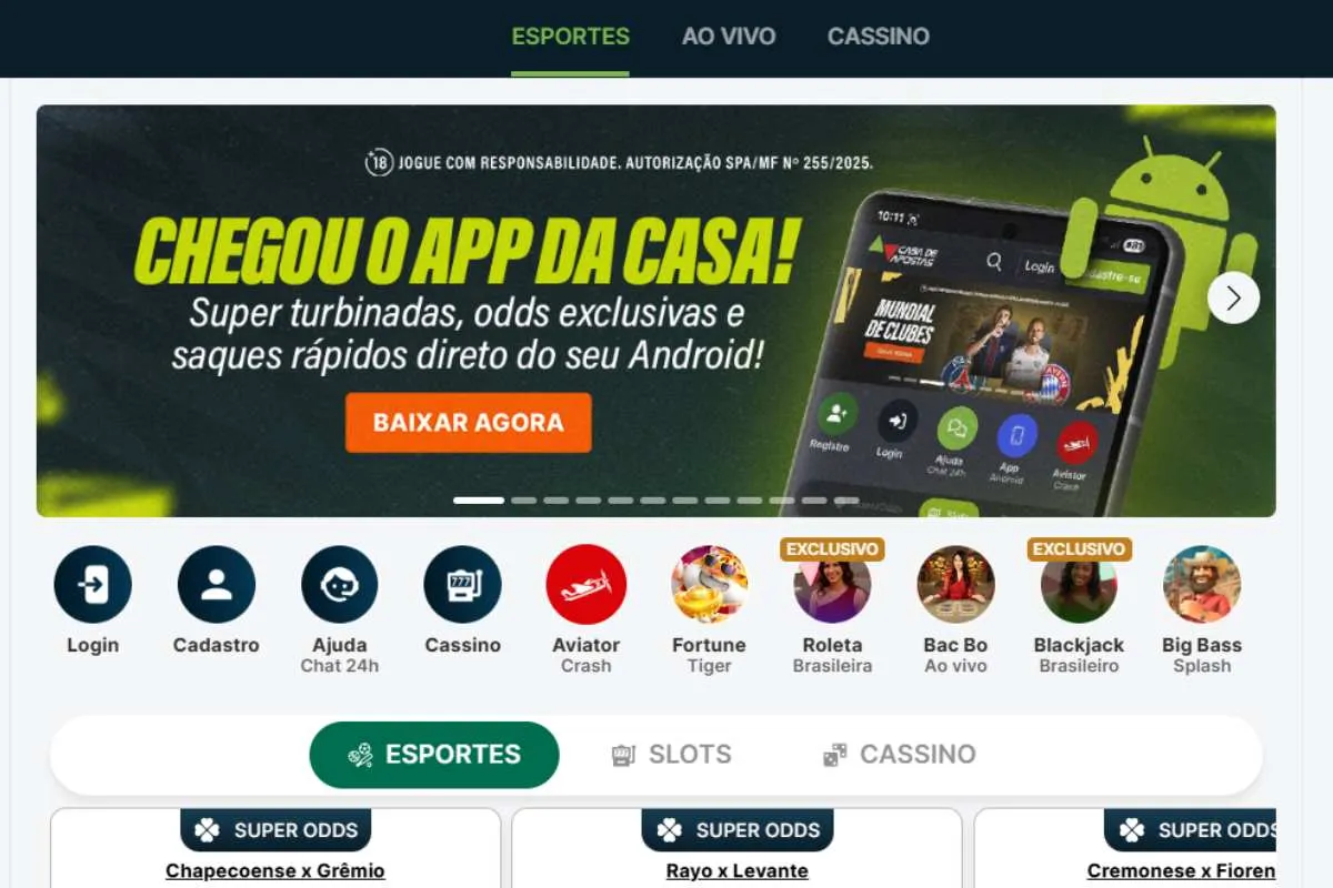 App da Casa de Apostas já pode ser baixado por meio dos nossos links (Reprodução)