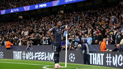 Vini Jr. comemora gol do Real Madrid contra o Manchester City (Carl Recine/Getty Images)