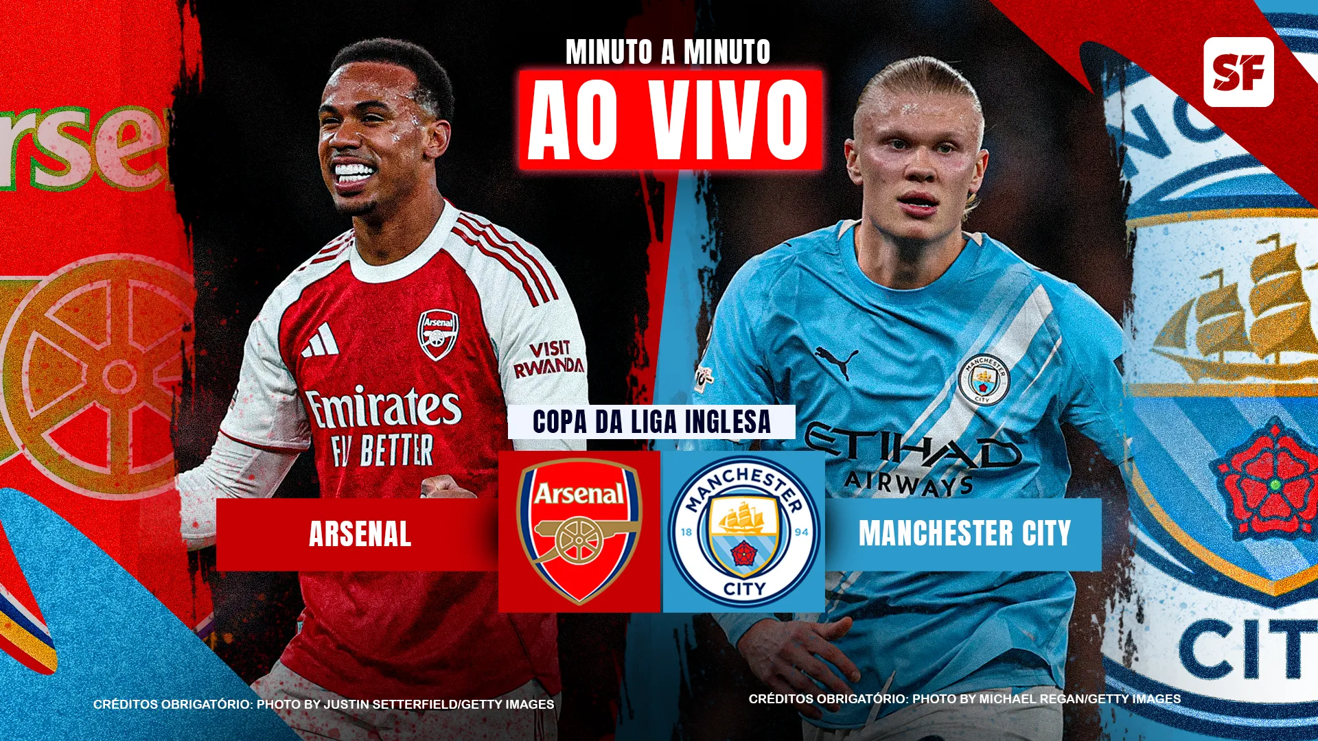 Arte de jogo Arsenal x Manchester City com Gabriel Magalhães e Haalan