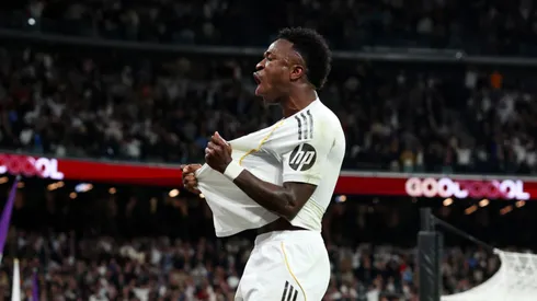 O atacante Vinicius Júnior comemora gol pelo Real Madrid (Florencia Tan Jun/Getty Images)