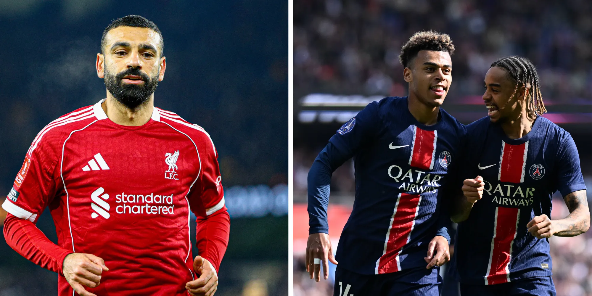 Mohamed Salah (Foto: IMAGO / Sports Press Photo) e Barcola e Desiré Doué, do PSG (Foto: IMAGO / Anadolu Agency)