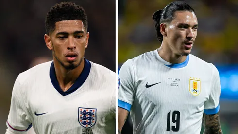 Bellingham pela Seleção da Inglaterra (Foto: IMAGO / Sebastian Frej) e Darwin Núñez, do Uruguai (Foto: IMAGO / Icon Sportswire)