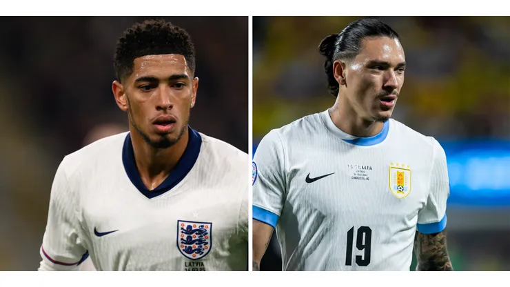 Bellingham pela Seleção da Inglaterra (Foto: IMAGO / Sebastian Frej) e Darwin Núñez, do Uruguai (Foto: IMAGO / Icon Sportswire)