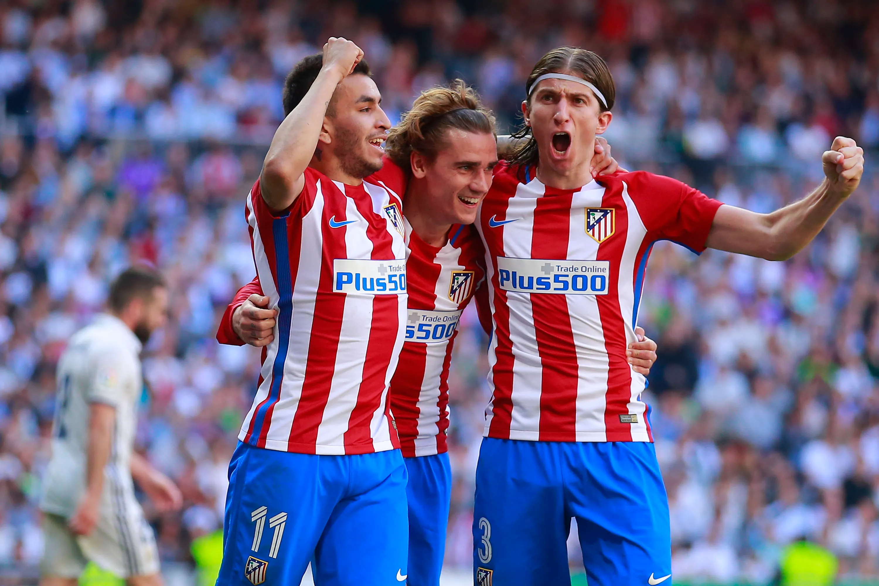 Ángel Correa, Griezmann e Filipe Luís em 2017 pelo Atlético de Madrid – Gonzalo Arroyo Moreno/Getty Images