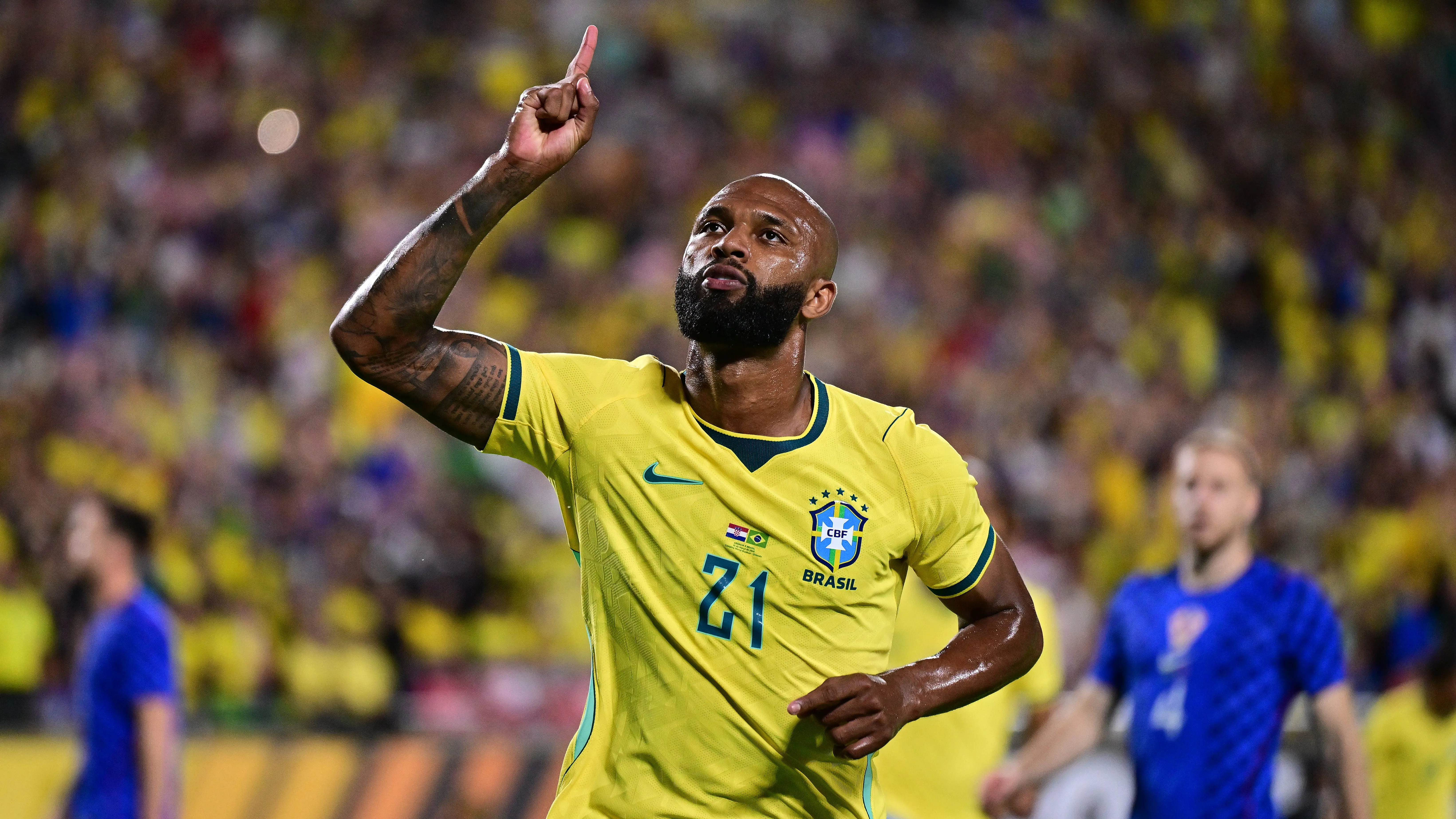 Igor Thiago comemorando gol pela Seleção Brasileira. Foto: Julio Aguilar/Getty Images