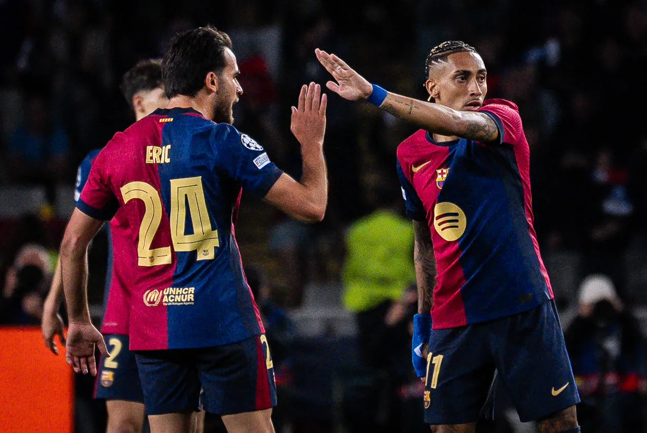 April 30, 2025, Barcelona, Spain, Spain: Raphael DIAS BELLOLI Raphinha of Barcelona celebrate the goal with Eric GARCIA of Barcelona during the UEFA Champions League match between FC Barcelona, Barca and FC Internazionale at Estadi Olimpic Lluis Companys on April 30, 2025 in Barcelona, Spain. Barcelona Spain – ZUMAm308 20250430_zsp_m308_014 Copyright: xMatthieuxMirvillex