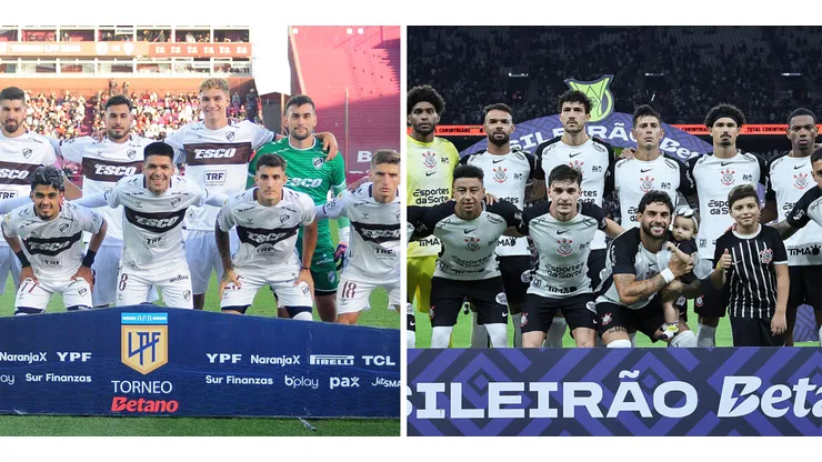 Jogadores do Platense (Foto: IMAGO / Fotobaires) e jogadores do Corinthians (Foto: Alexandre Schneider/Getty Images)