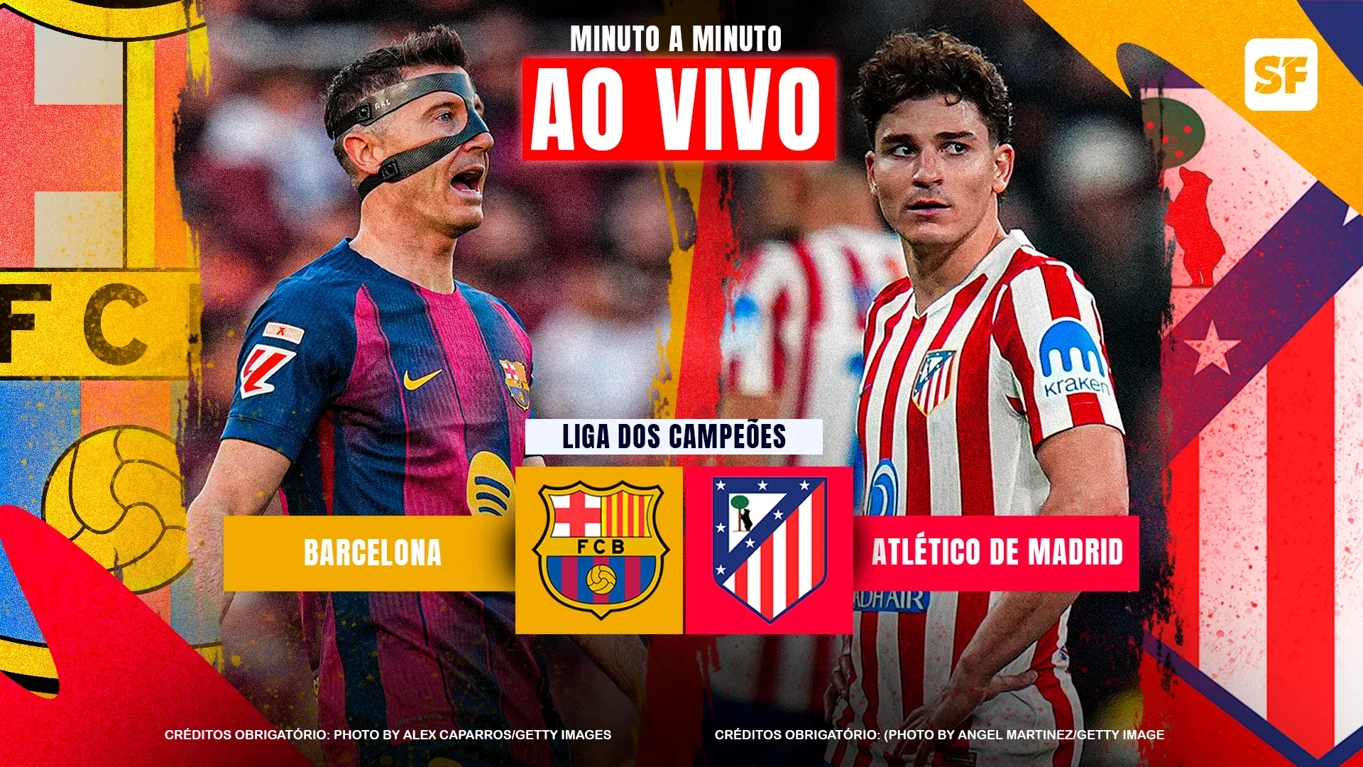 Montagem com fotos de Lewandowski e Julián Álvarez