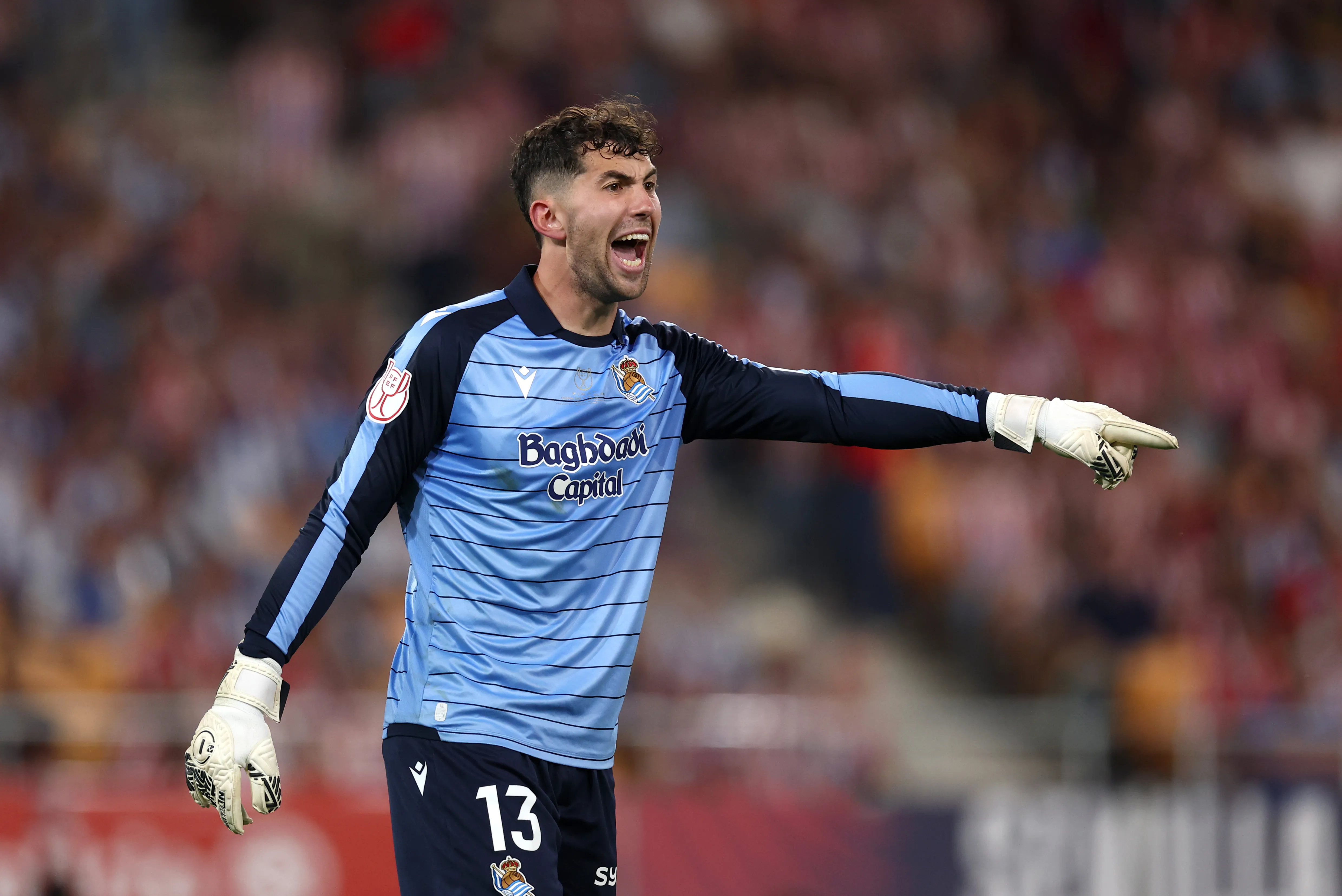 SEVILLE, SPAIN – APRIL 18: Unai Marrero of Real Sociedad gestures during the Copa Del Rey Final match between Real Sociedad and Atletico de Madrid at Estadio de La Cartuja on April 18, 2026 in Seville, Spain.  (Photo by Fran Santiago/Getty Images)
