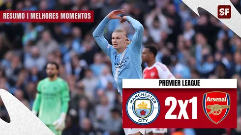 Erling Haaland marca em Manchester City 2 x 1 Arsenal. (Foto: Carl Recine/Getty Images)