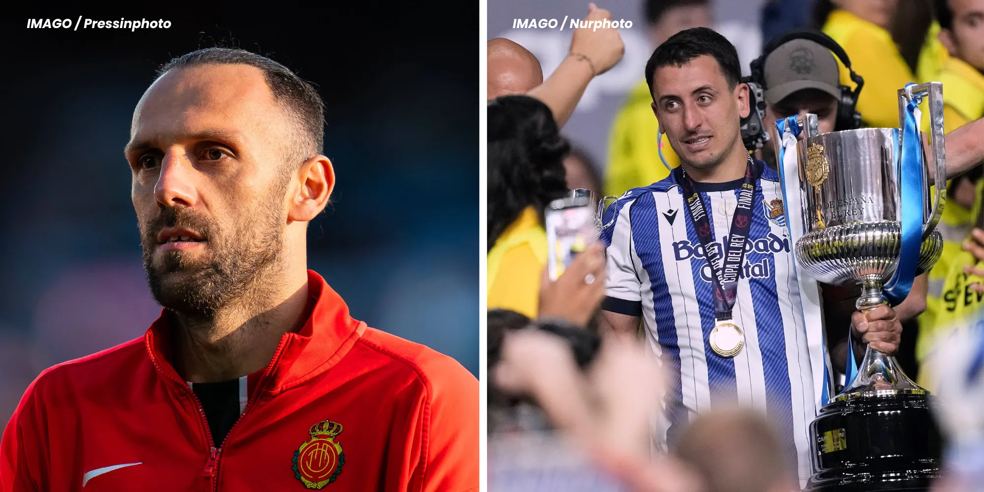Muriqi (à esquerda), do Mallorca, é o vice-artilheiro da LaLiga, atrás somente de Mbappé. Oyarzabal (à direita) foi campeão da Copa do Rei com a Real Sociedad e tem 15 gols até aqui. Eles foram colocados como boas opções para o Barcelona. Fotos: IMAGO/Pressinphoto | IMAGO/NurPhoto
