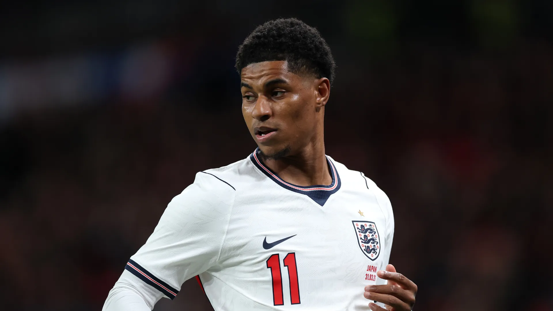 Marcus Rashford durante jogo com a camisa da Seleção Inglesa