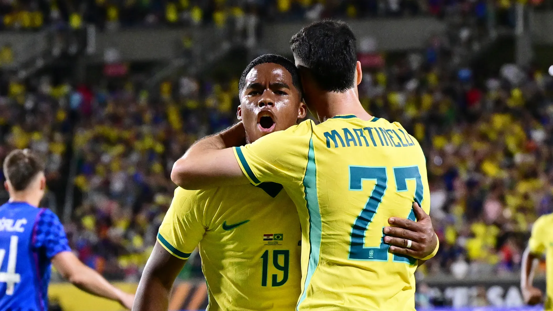 Endrick comemora durante jogo da Seleção Brasileira