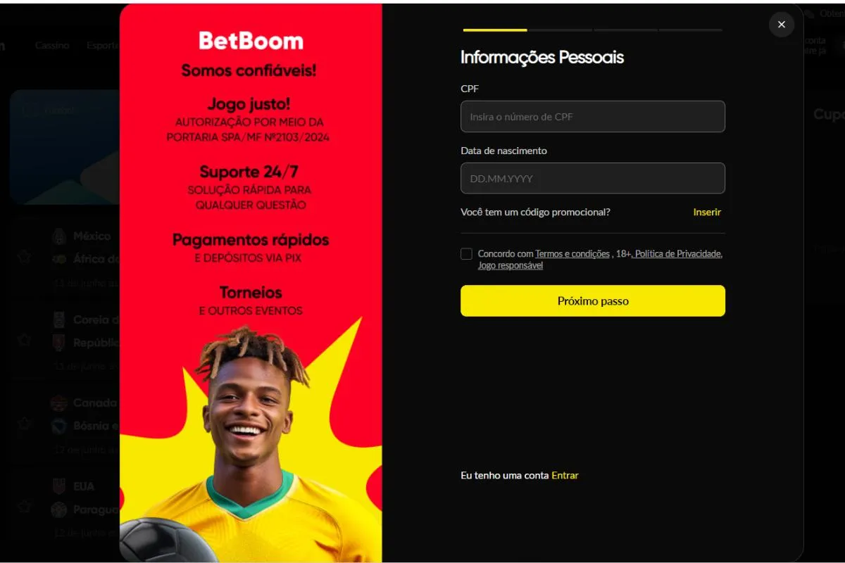 Abrir sua conta na BetBoom é o primeiro passo para apostar na Copa 2026 (Reprodução)