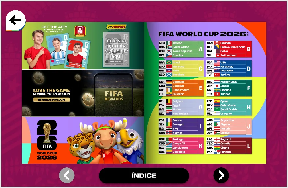 Primeiras páginas do álbum virtual mostram os grupos das 48 seleções na Copa de 2026 – Foto: Reprodução / Fifa e Panini