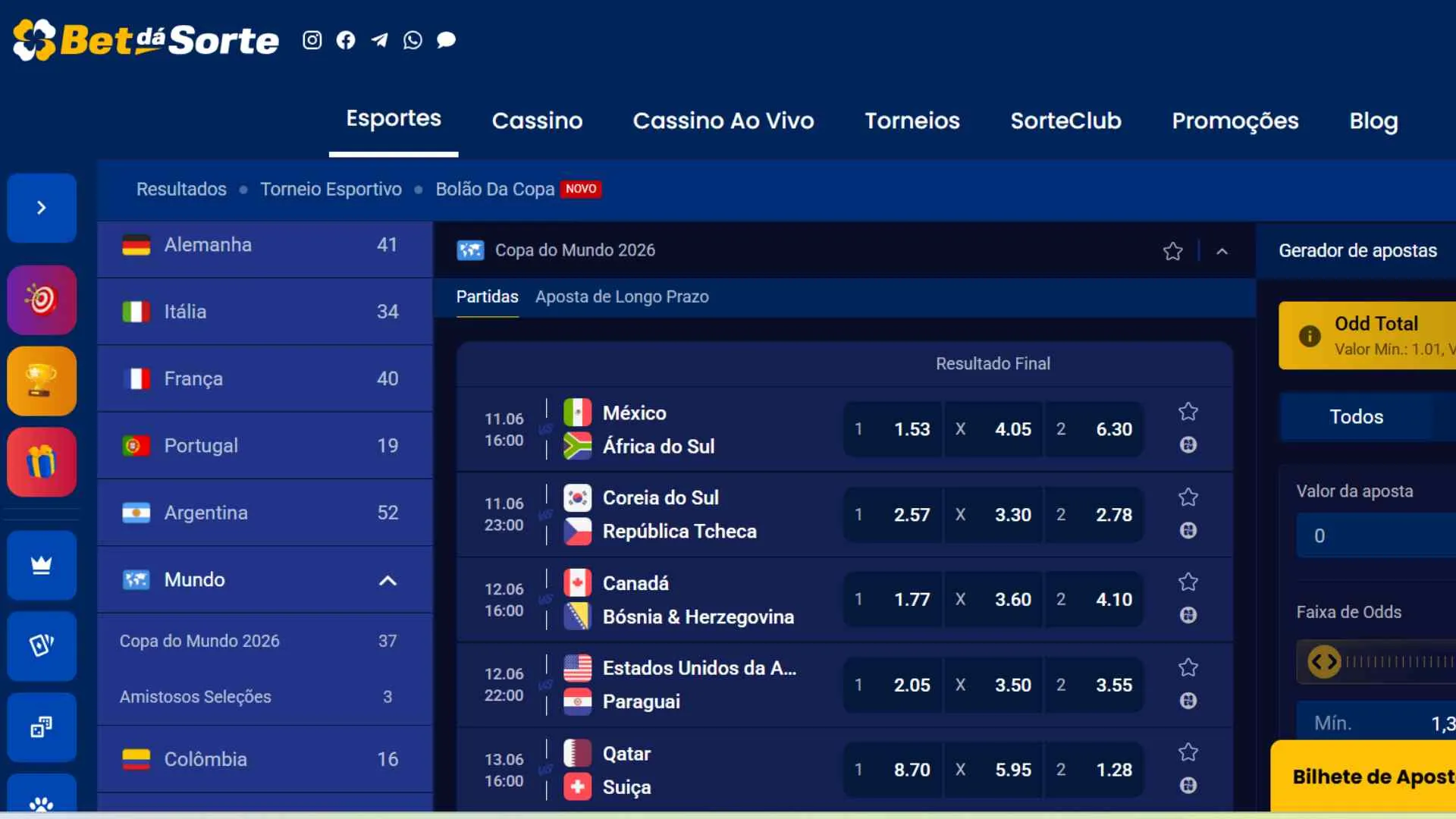 Jogos da fase de grupos da Copa já estão disponíveis na Bet dá Sorte (Reprodução)