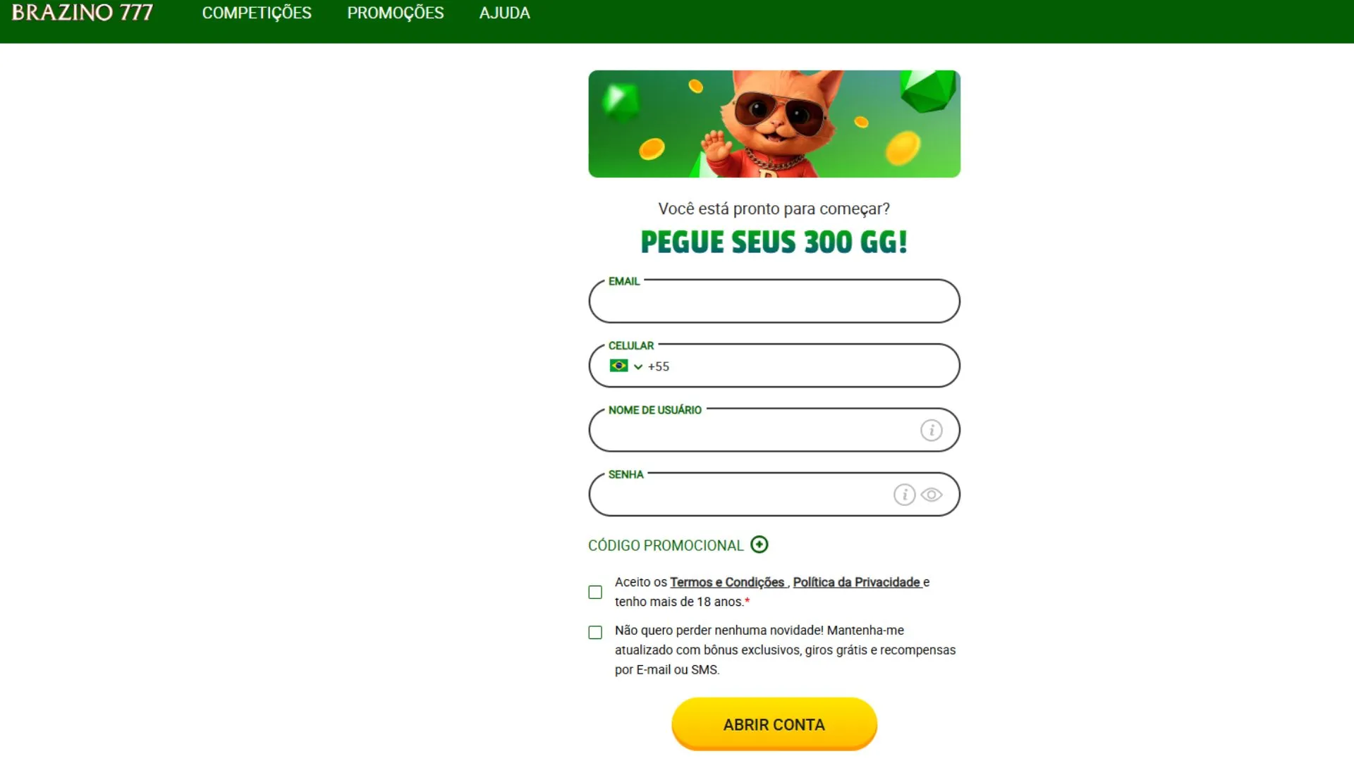 O primeiro passo para apostar na Copa é fazer o cadastro na Brazino777 (Reprodução)