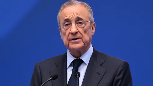 Florentino Pérez durante a apresentação de Mbappé. Foto: David Ramos/Getty Images