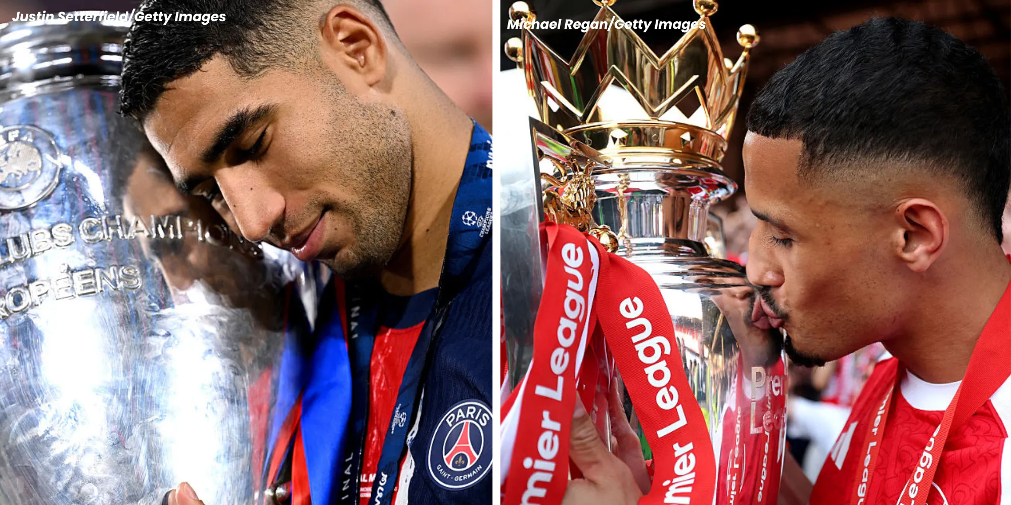 Hakimi, do PSG (Foto: Justin Setterfield/Getty Images) e William Saliba, do Arsenal (Foto: Michael Regan/Getty Images)