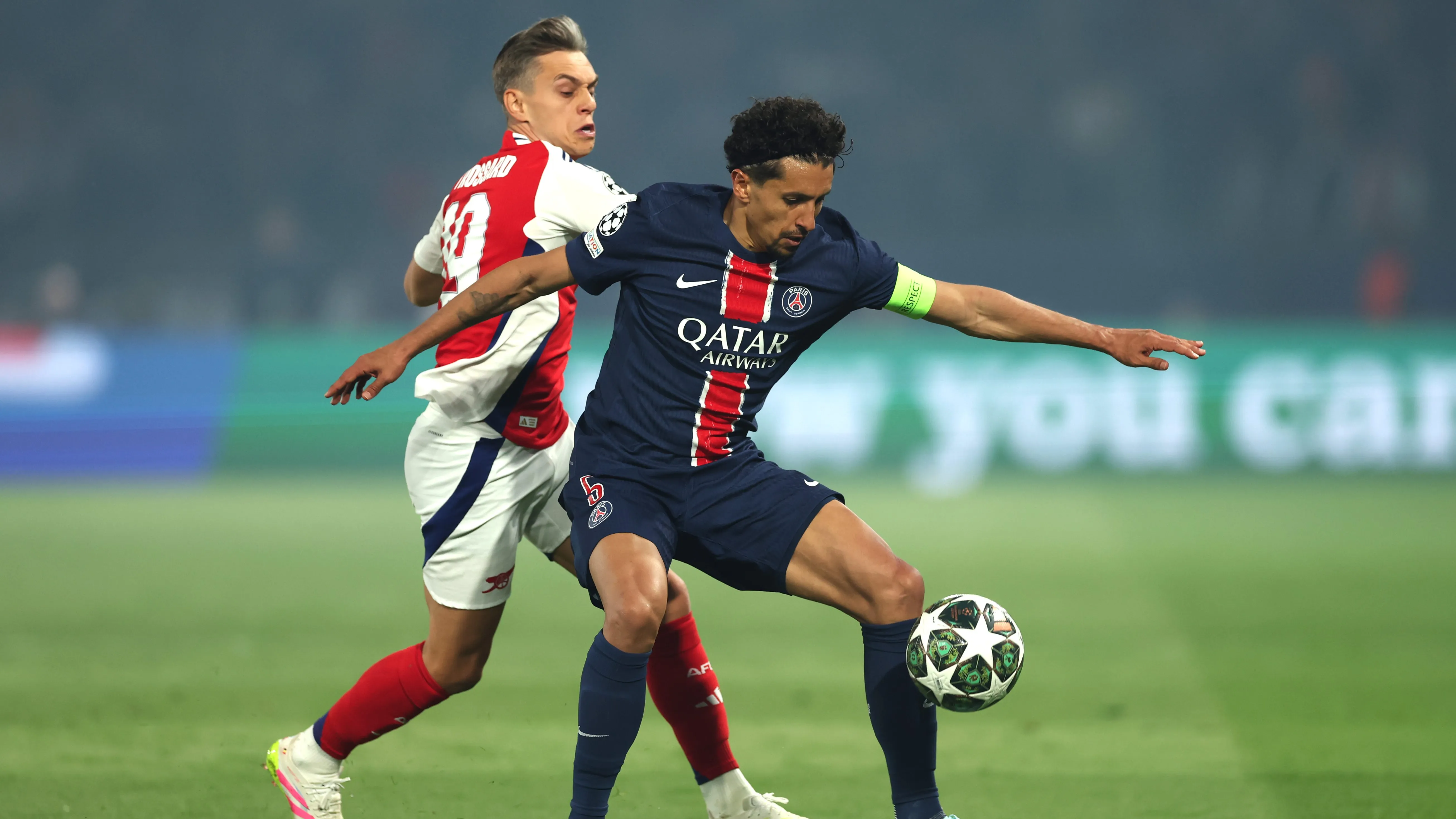 Marquinhos e Rice em PSG x Arsenal. Foto: Richard Heathcote/Getty Images