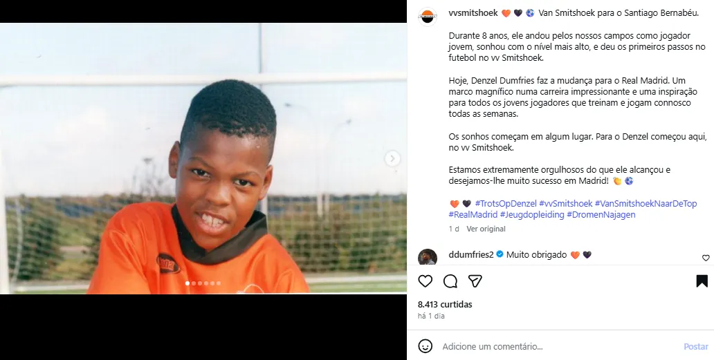 Dumfries interagiu com ex-clube e não negou transferência para o Real Madrid (foto: Instagram/VV Smitshoek)