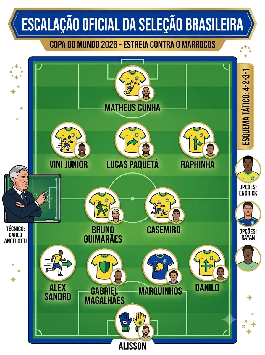 Essa deve ser a escalação contra o Marrocos, se nenhuma novidade acontecer até o jogo, segundo a ESPN. Foto: Imagem gerada por inteligência artificial – Gemini/ChatGPT