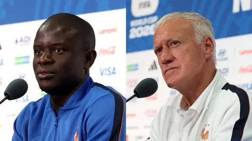 Kanté e Deschamps durante entrevista coletiva para Copa do Mundo. Foto: Al Bello/Getty Images