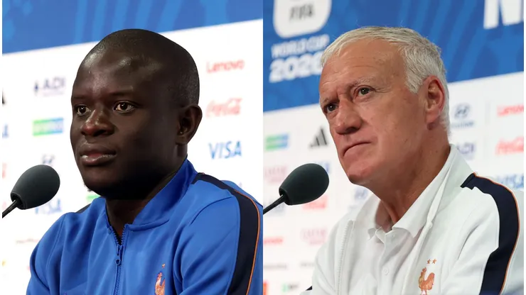 Kanté e Deschamps durante entrevista coletiva para Copa do Mundo. Foto: Al Bello/Getty Images