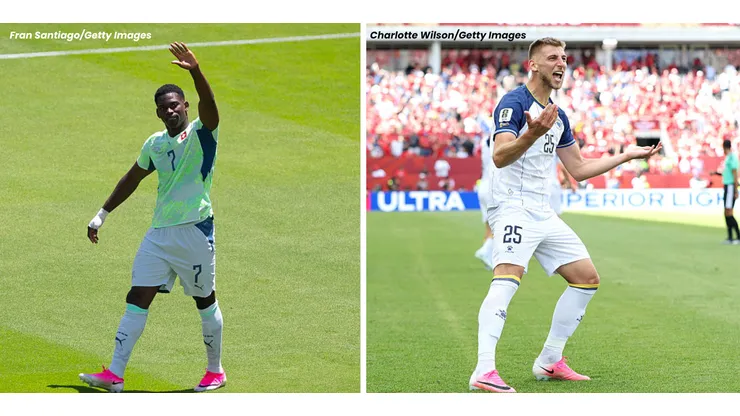 Embolo (Suíça) e Jovo Lukić (Bósnia). Fotos: Fran Santiago e Charlotte Wilson//Getty Images
