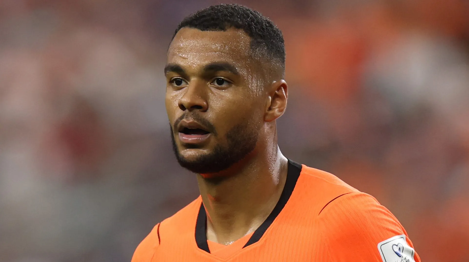 Gakpo aparece concentrado durante um jogo pela Holanda