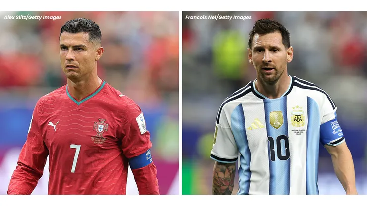 Cristiano Ronaldo em ação por Portugal e Messi em campo pela Argentina. Fotos: Alex Slitz e Francois Nel/Getty Images