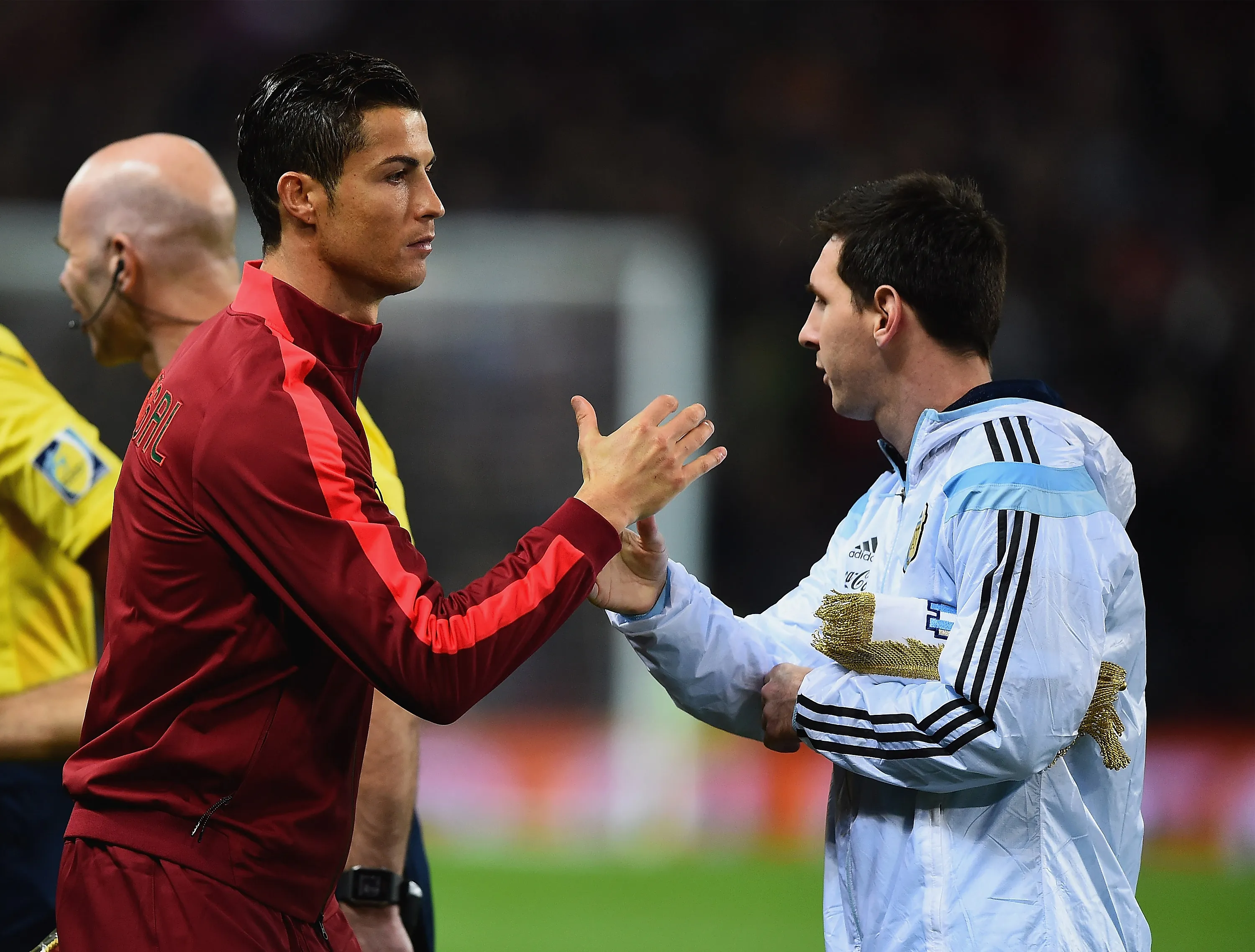 Cristiano Ronaldo e Messi antes do amistoso de 2014. Foto: Laurence Griffiths/Getty Images