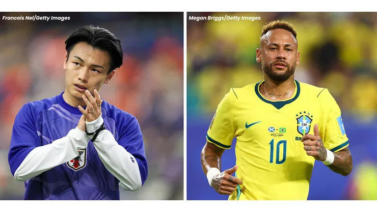 Ayase Ueda e Neymar se enfrentarão na Copa. Fotos: Francois Nel e Megan Briggs/Getty Images