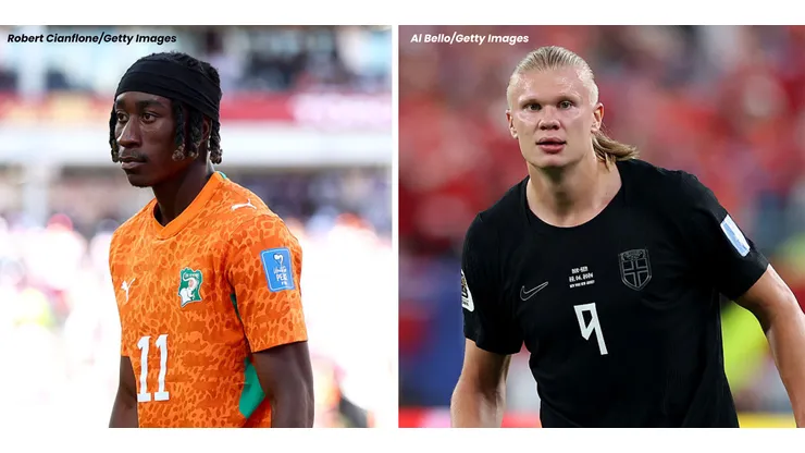 Yan Diomandé, da Costa do Marfim e Haaland, da Noruega. Fotos: Robert Cianflone e Al Bello/Getty Images