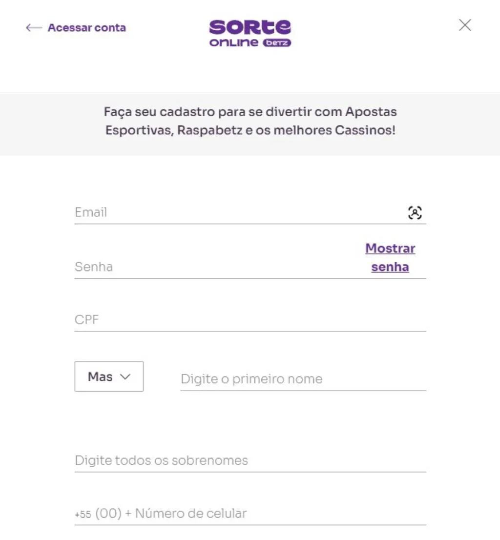 Sorte Online Criar Conta