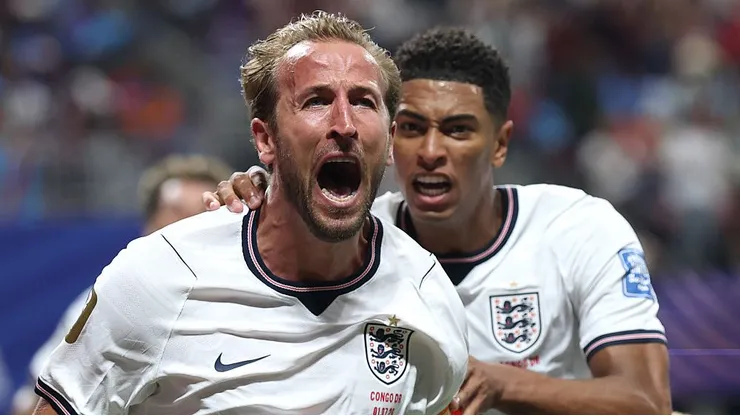 Harry Kane e Bellingham em campo pela Inglaterra. Foto: Richard Pelham/Getty Images