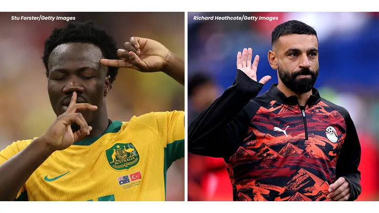 Nestory Irankunda, da Austrália. Foto: Stu Forster/Getty Images; e Salah, do Egito. Foto: Richard Heathcote/Getty Images