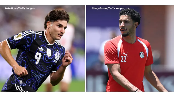Julián Álvarez, pela Argentina e Marmoush, do Egito. Fotos: Luke Hales e Stacy Revere/Getty Images