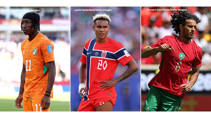 Yan Diomandé, Antonio Nusa e Ayyoub Bouaddi. Fotos: Robert Cianflone, Justin Setterfield e Vincent Carchietta/Getty Images respectivamente.
