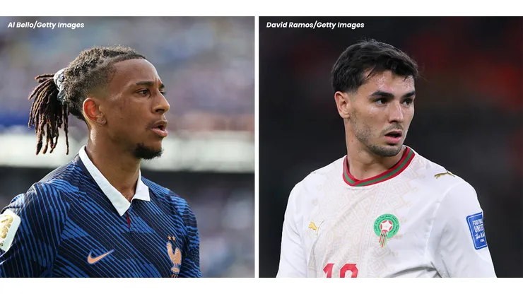 Garçons desta Copa: Michael Olise, da França e Brahim Díaz, de Marrocos. Fotos: Al Bello e David Ramos/Getty Images.