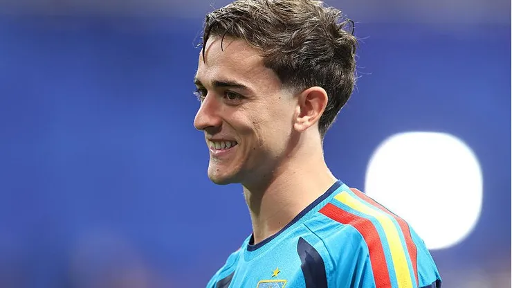 ATLANTA, GEORGIA - JUNE 21: Gavi #9 of Spain smiles during the warm up before the FIFA World Cup 2026 Group H match between Spain and Saudi Arabia at Atlanta Stadium on June 21, 2026 in Atlanta, Georgia. (Photo by Florencia Tan Jun/Getty Images)